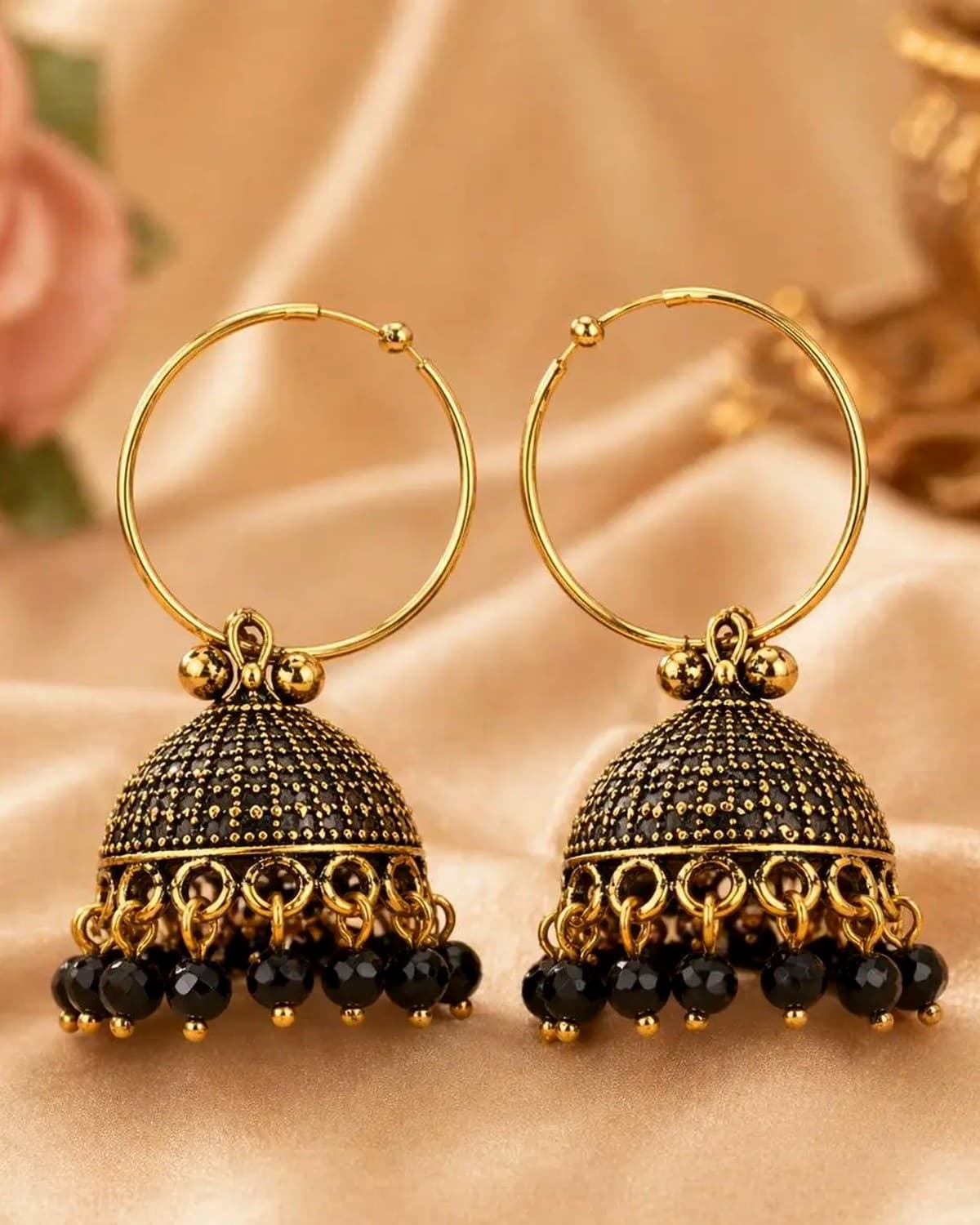 Traditional Gold Plated Hoop Jhumka Earrings with Beads
