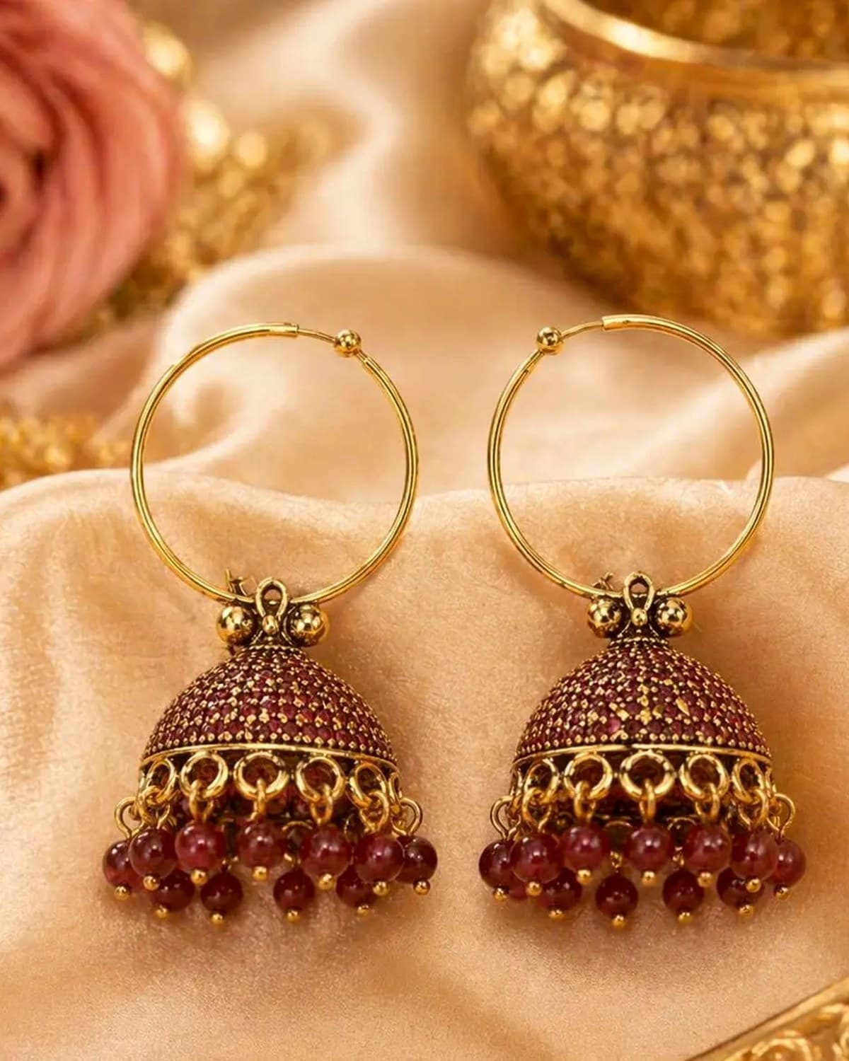 Traditional Gold Plated Hoop Jhumka Earrings with Beads