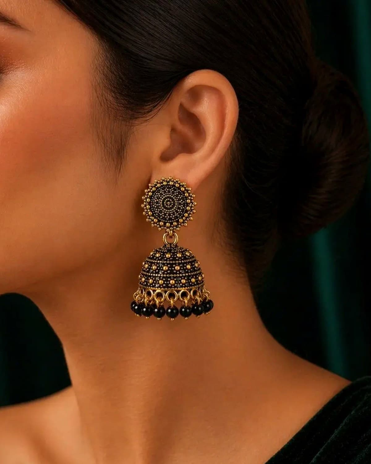 Black Gold Plated Traditional Beaded Jhumka Earrings