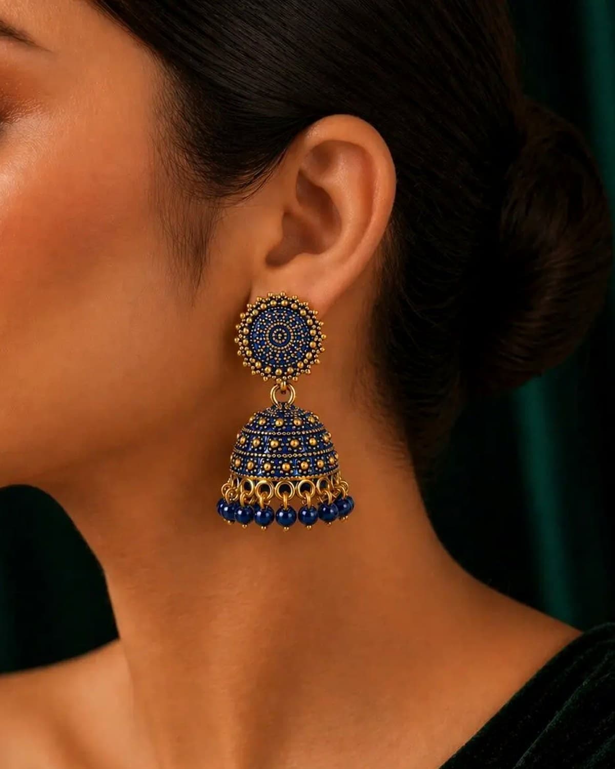 Royal Blue Gold Plated Traditional Beaded Jhumka Earrings
