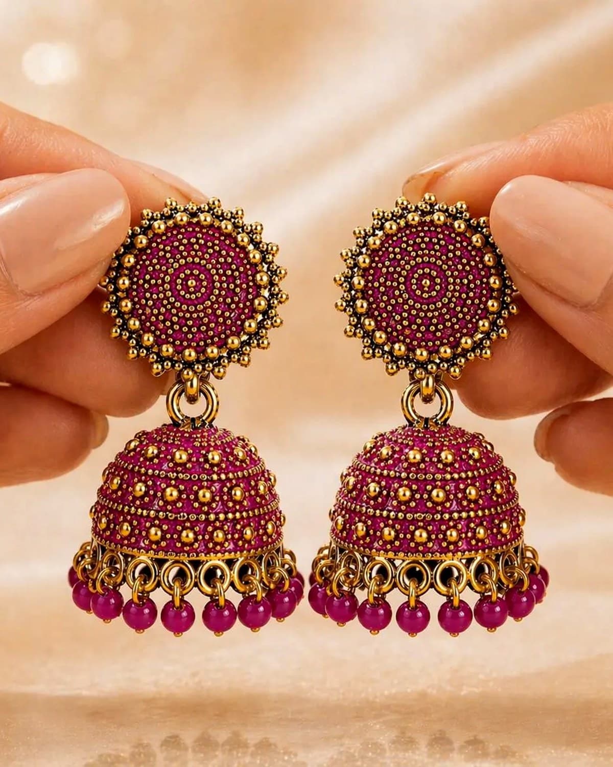 Pink Gold Plated Traditional Beaded Jhumka Earrings