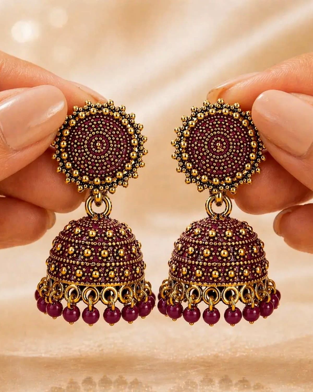 Maroon Gold Plated Traditional Beaded Jhumka Earrings