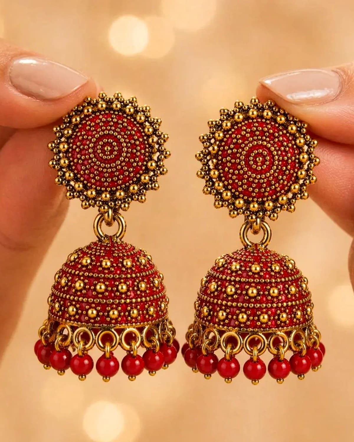Red Gold Plated Traditional Beaded Jhumka Earrings