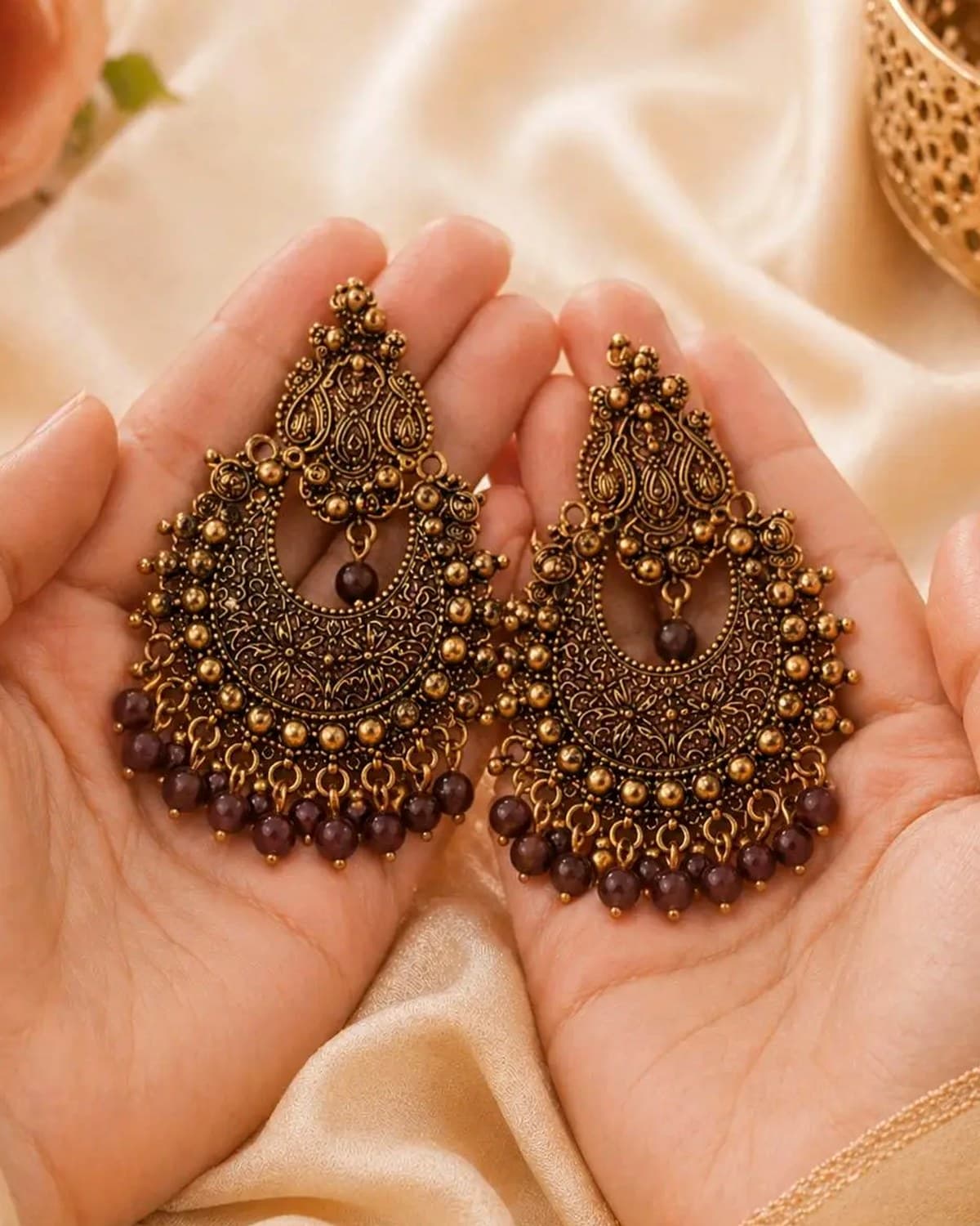 Designer Traditional Antique Gold Chandbali Earrings for Women & Girls