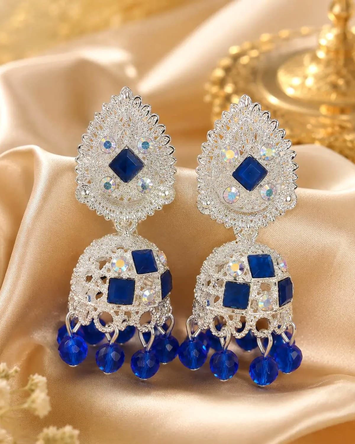 Oxidised Jhumka Earrings for Women | Stone Studded Beaded Party Wear Earrings