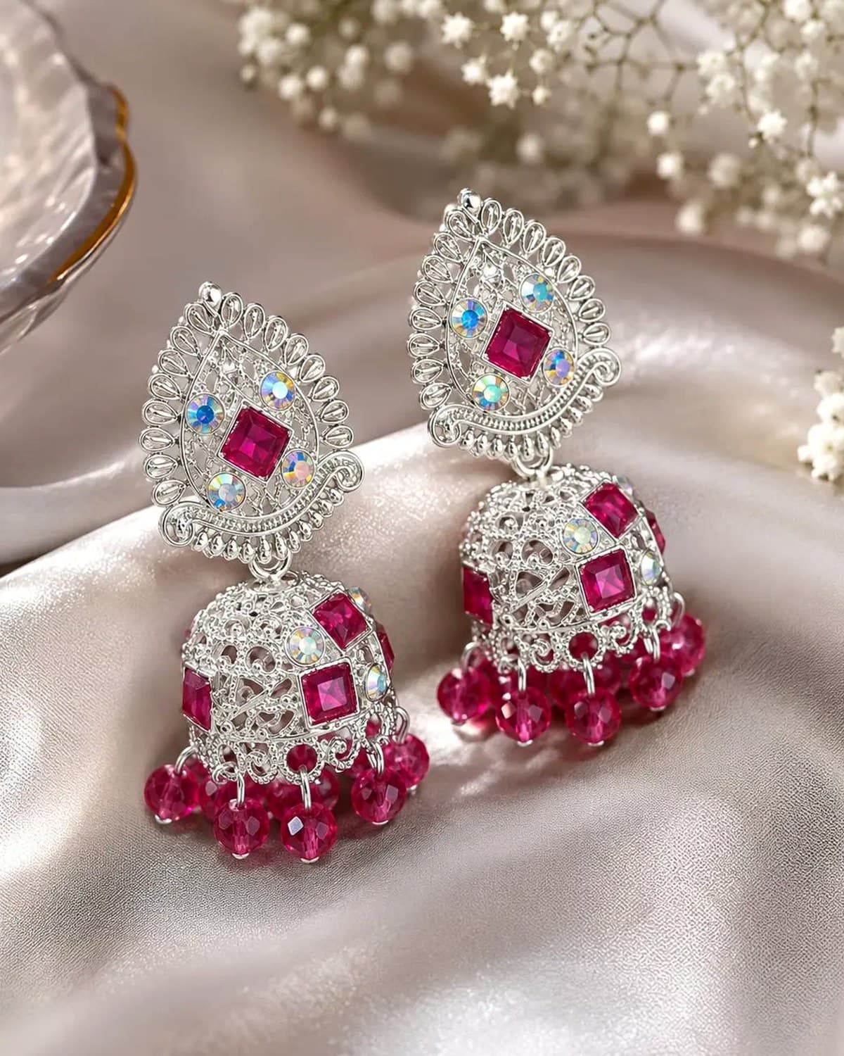 Premium Pink Stone Oxidised Jhumka Earrings for Women & Girls | Ethnic Festive Wear Earrings