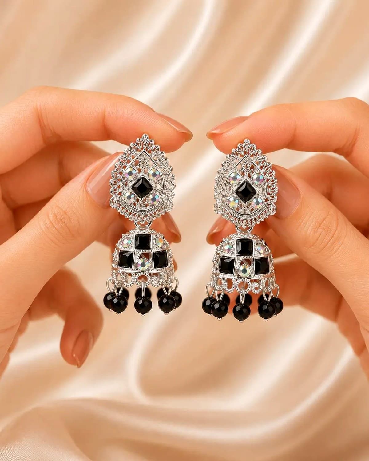 Premium Black Stone Oxidised Jhumka Earrings for Women & Girls | Ethnic Festive Wear Earrings