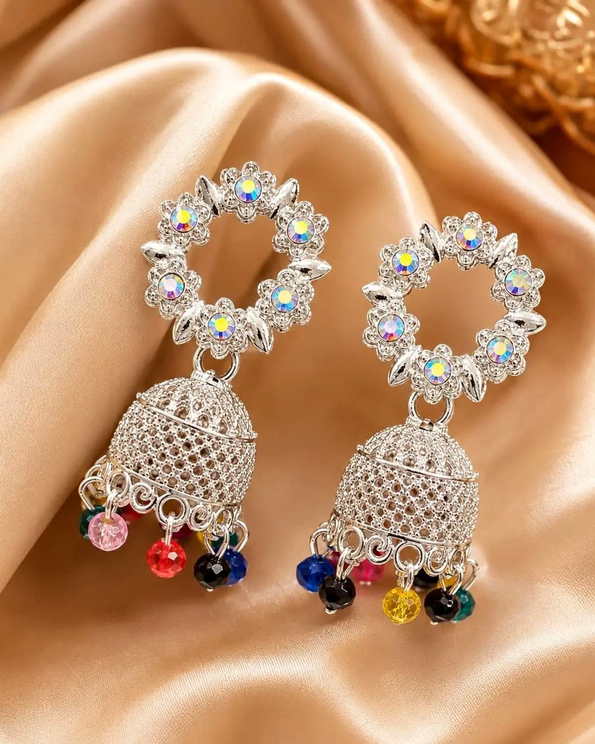 Silver Floral Jhumka Earrings for Women & Girls | Multicolor Beaded Party Wear Ethnic Earrings