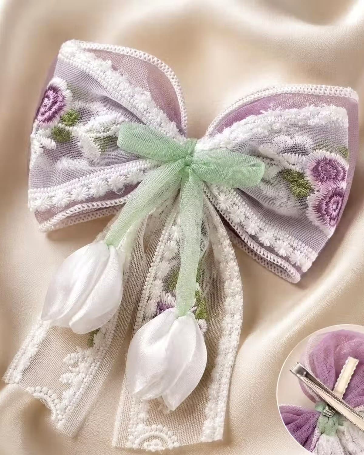 Premium Korean Lace Bow Hair Clip for Women & Girls