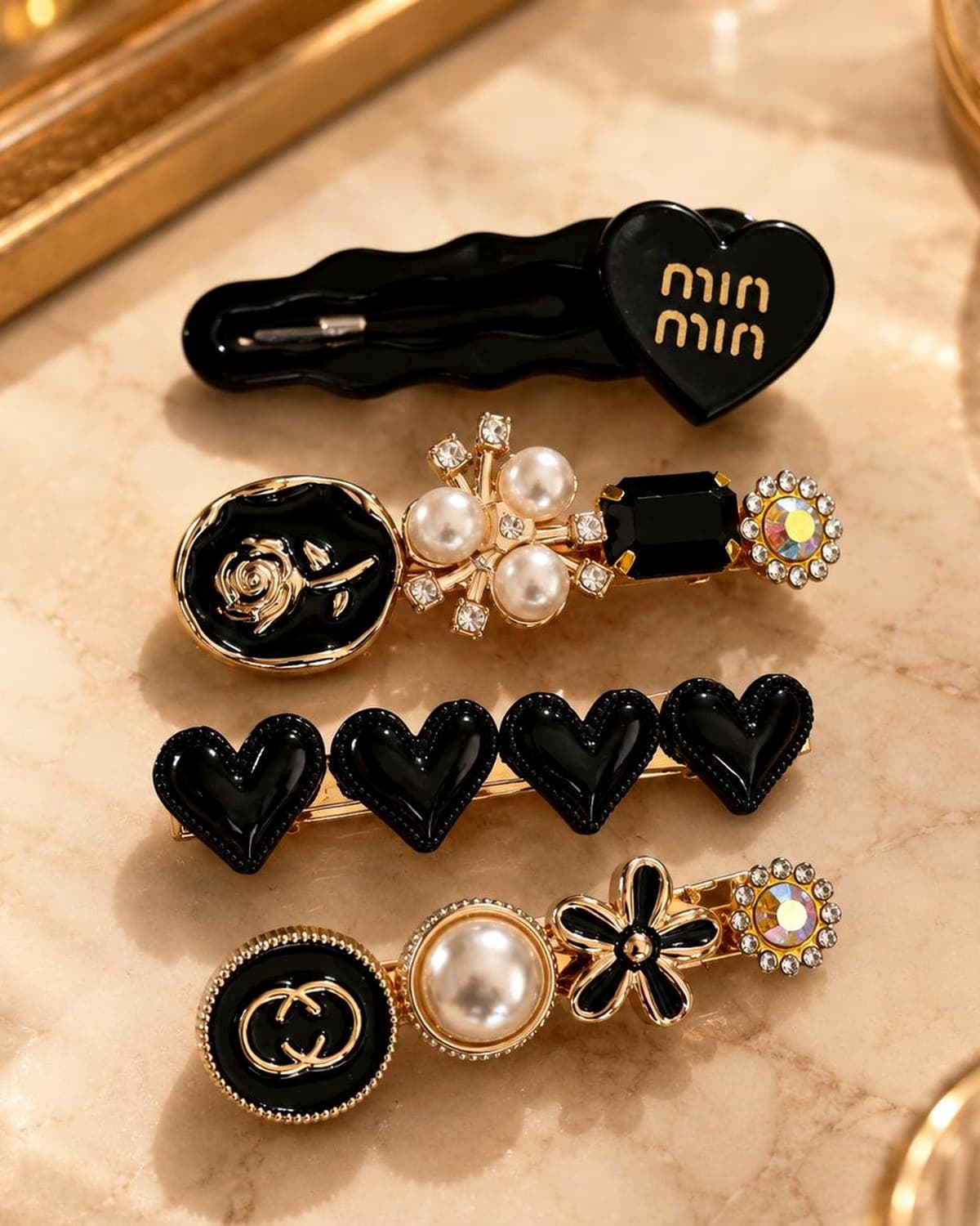 Premium Black Gold Pearl Hair Clip Set for Women & Girls