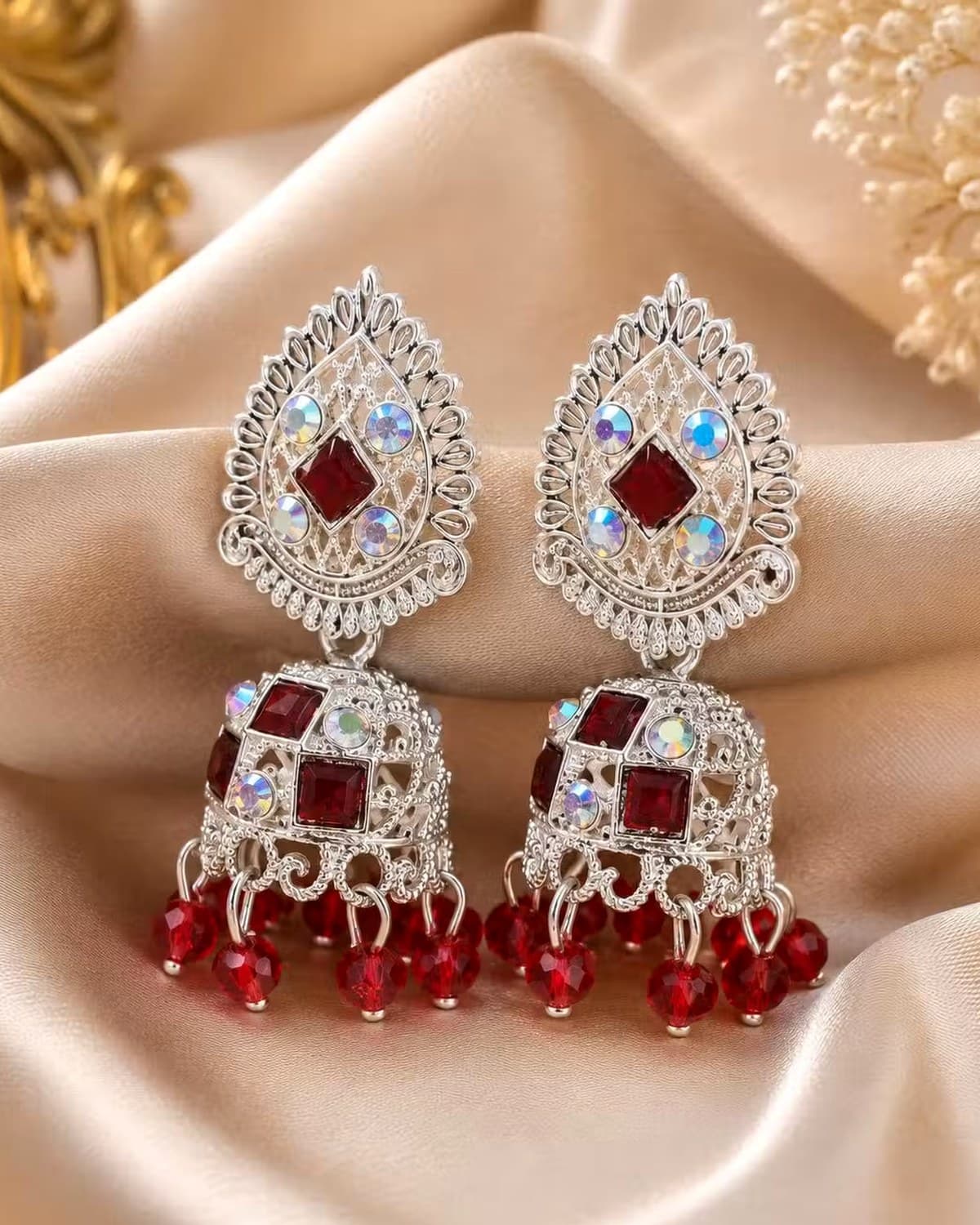 Premium Maroon Stone Oxidised Jhumka Earrings for Women & Girls | Ethnic Festive Wear Earrings