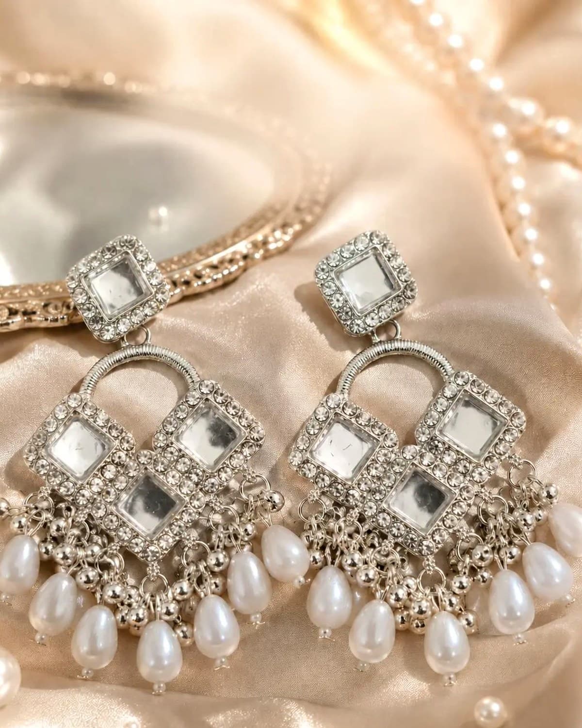 Premium Silver Plated Stone Studded Pearl Chandbali Earrings