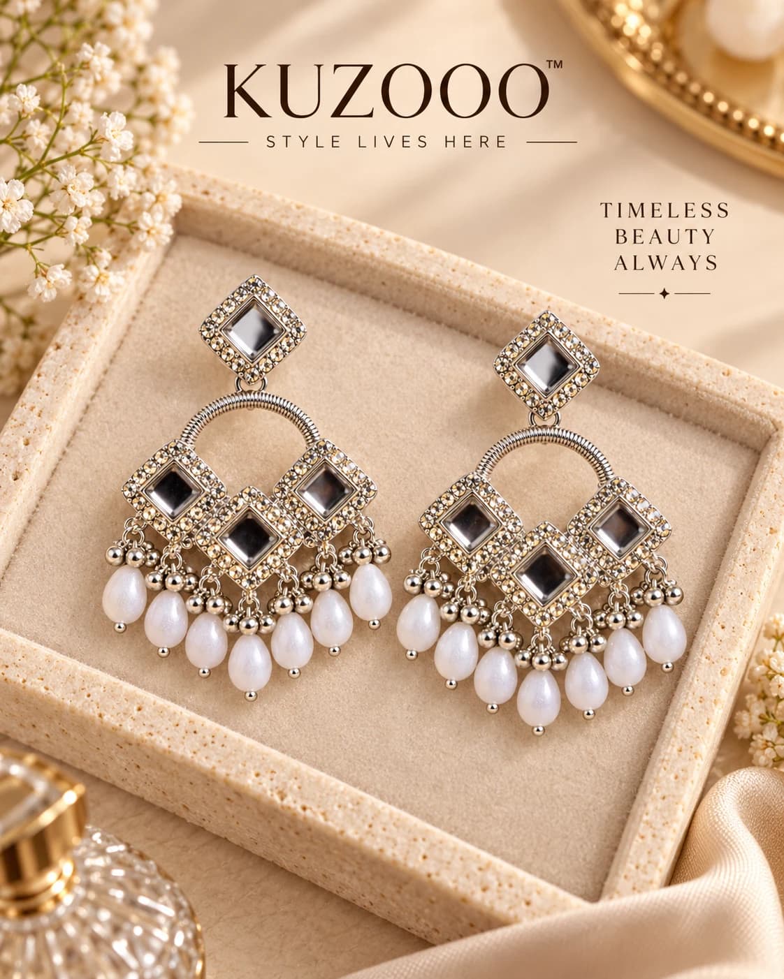 Premium Silver Plated Stone Studded Pearl Chandbali Earrings