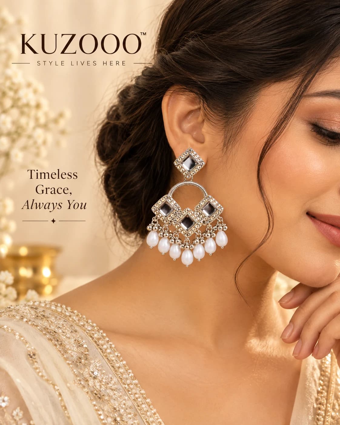 Premium Silver Plated Stone Studded Pearl Chandbali Earrings
