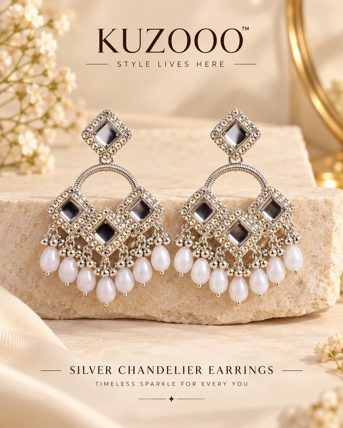 Premium Silver Plated Stone Studded Pearl Chandbali Earrings
