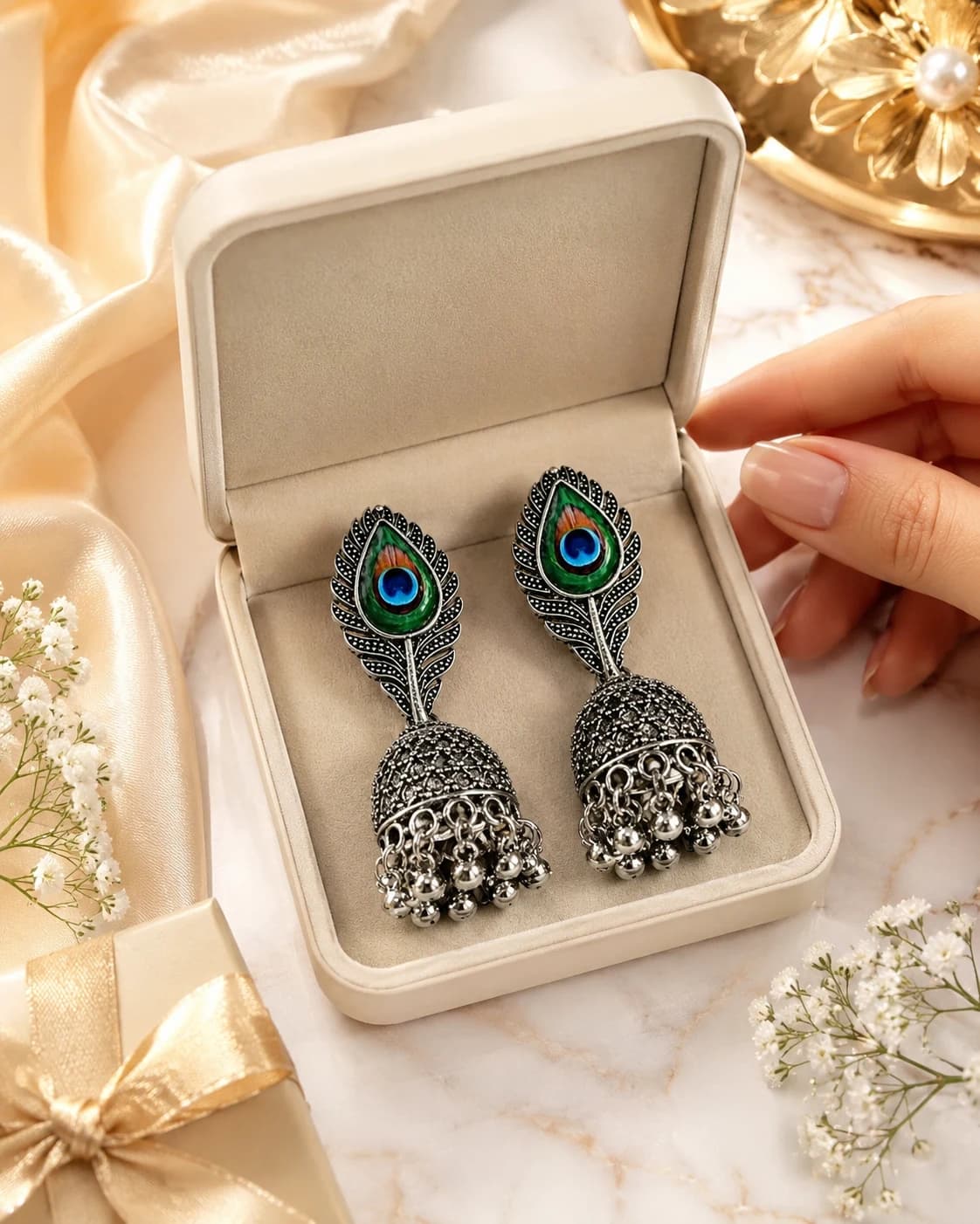 Peacock Feather Oxidised Silver Jhumka Earrings