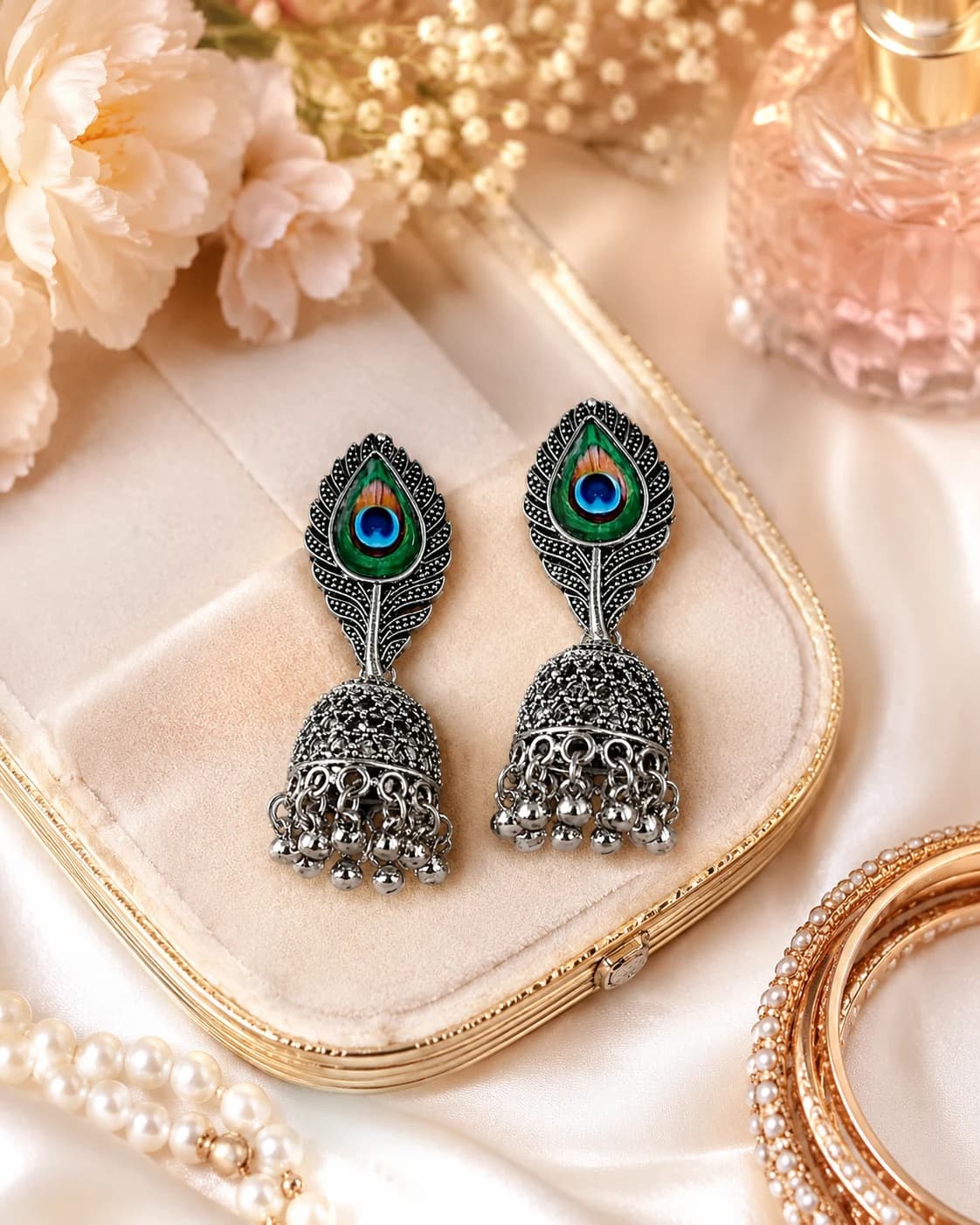 Peacock Feather Oxidised Silver Jhumka Earrings