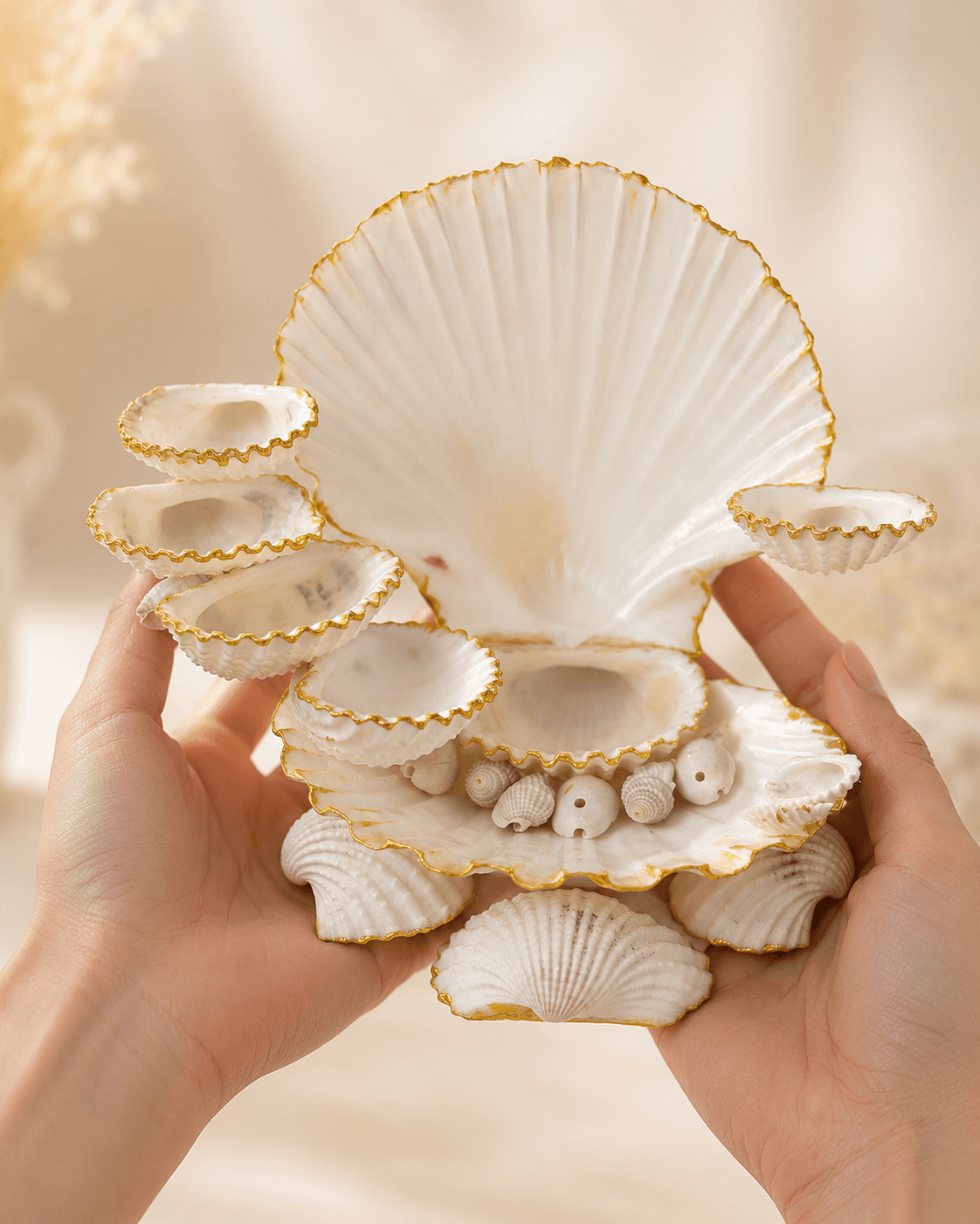 Pearl White Seashell Jewellery Organizer with Hand-Gilded Gold Edges