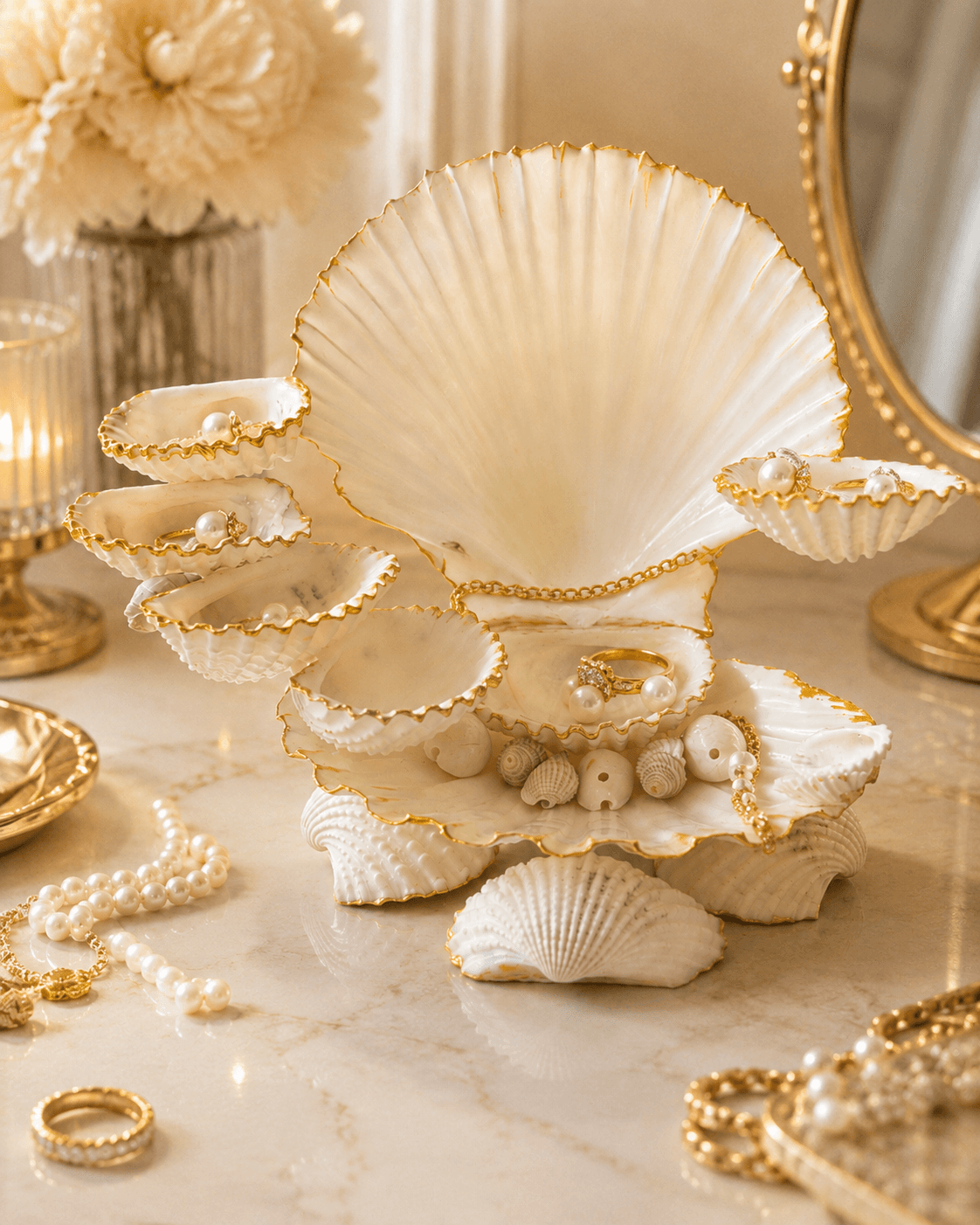 Pearl White Seashell Jewellery Organizer with Hand-Gilded Gold Edges