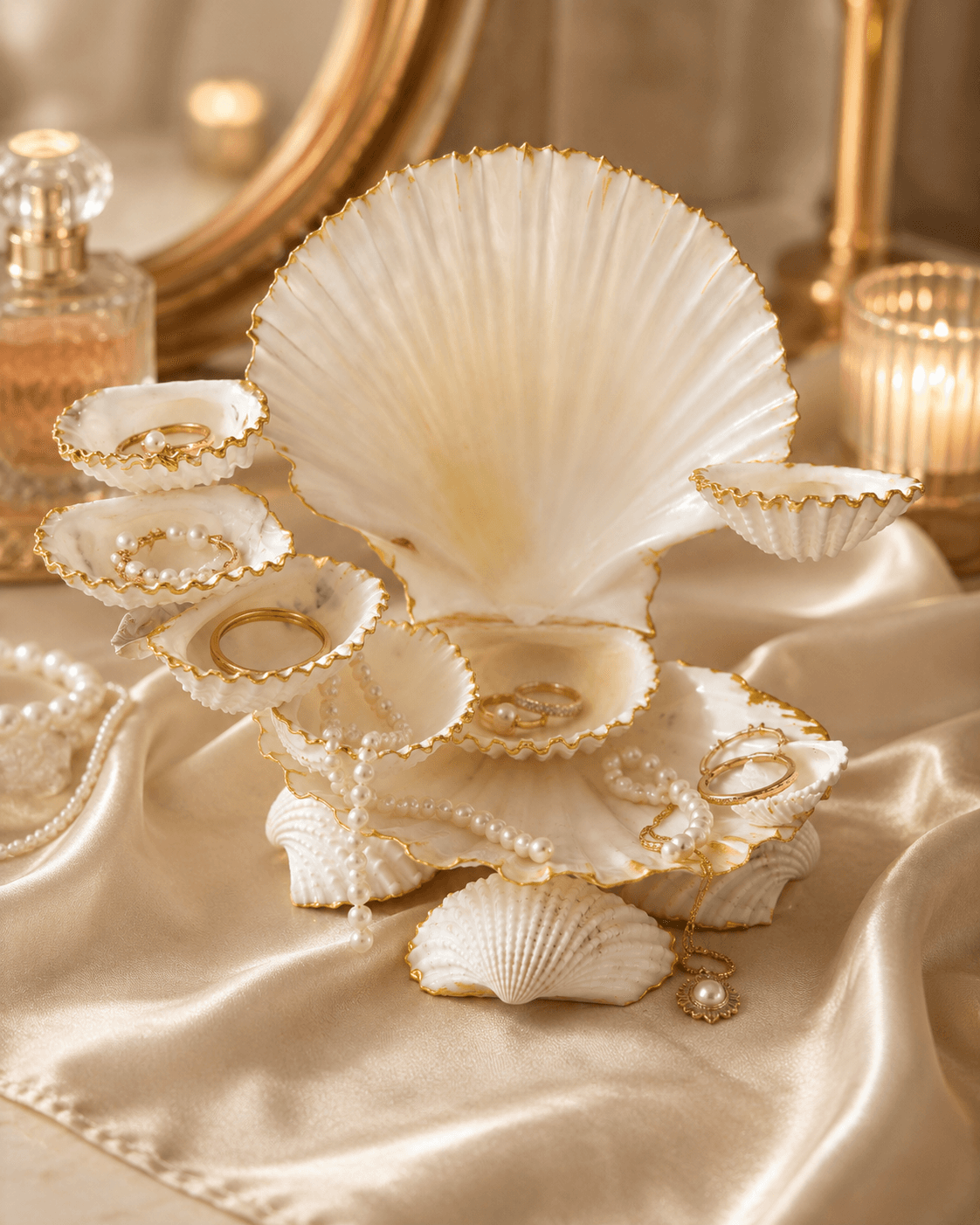 Pearl White Seashell Jewellery Organizer with Hand-Gilded Gold Edges