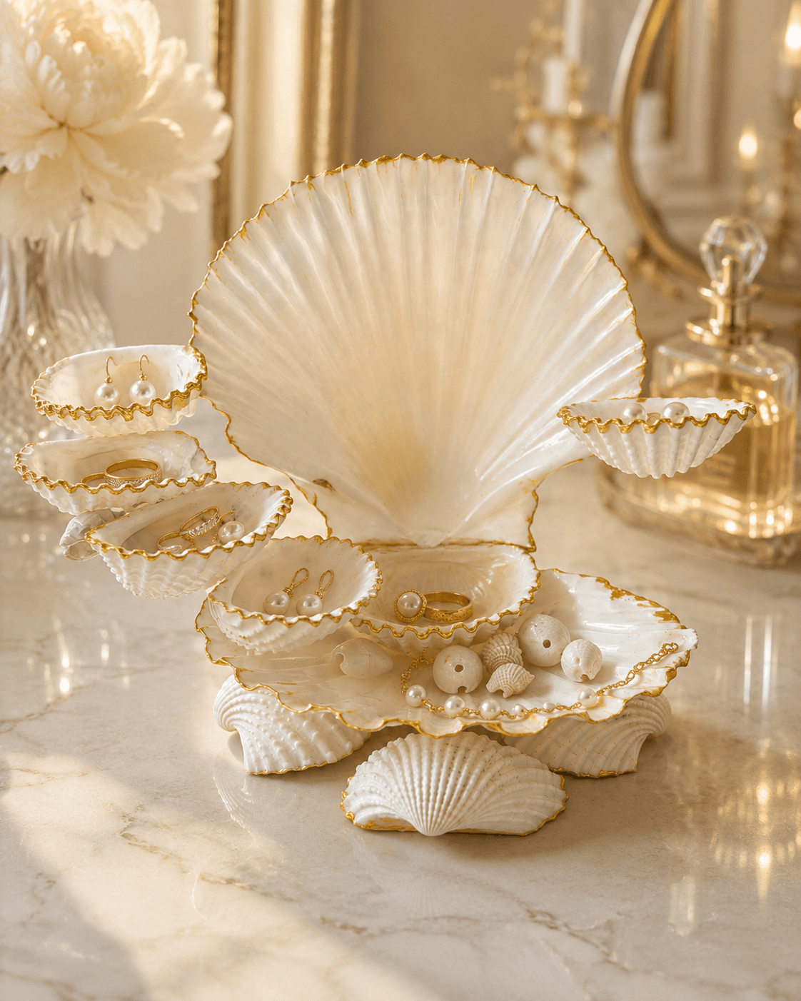 Pearl White Seashell Jewellery Organizer with Hand-Gilded Gold Edges